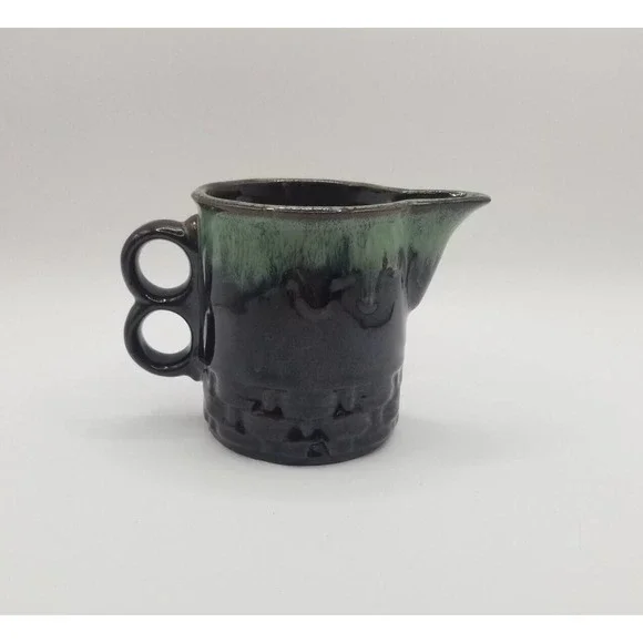 Vintage Japan Dark Brown Green Drip Glaze Trigger Handle Pottery Creamer Pitcher - Picture 1 of 9
